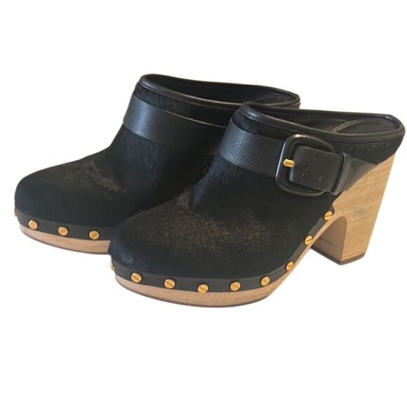 Veronica Beard Dacey Black Ponyhair Studded Wooden Heeled Clogs Size 7 - Picture 1 of 10